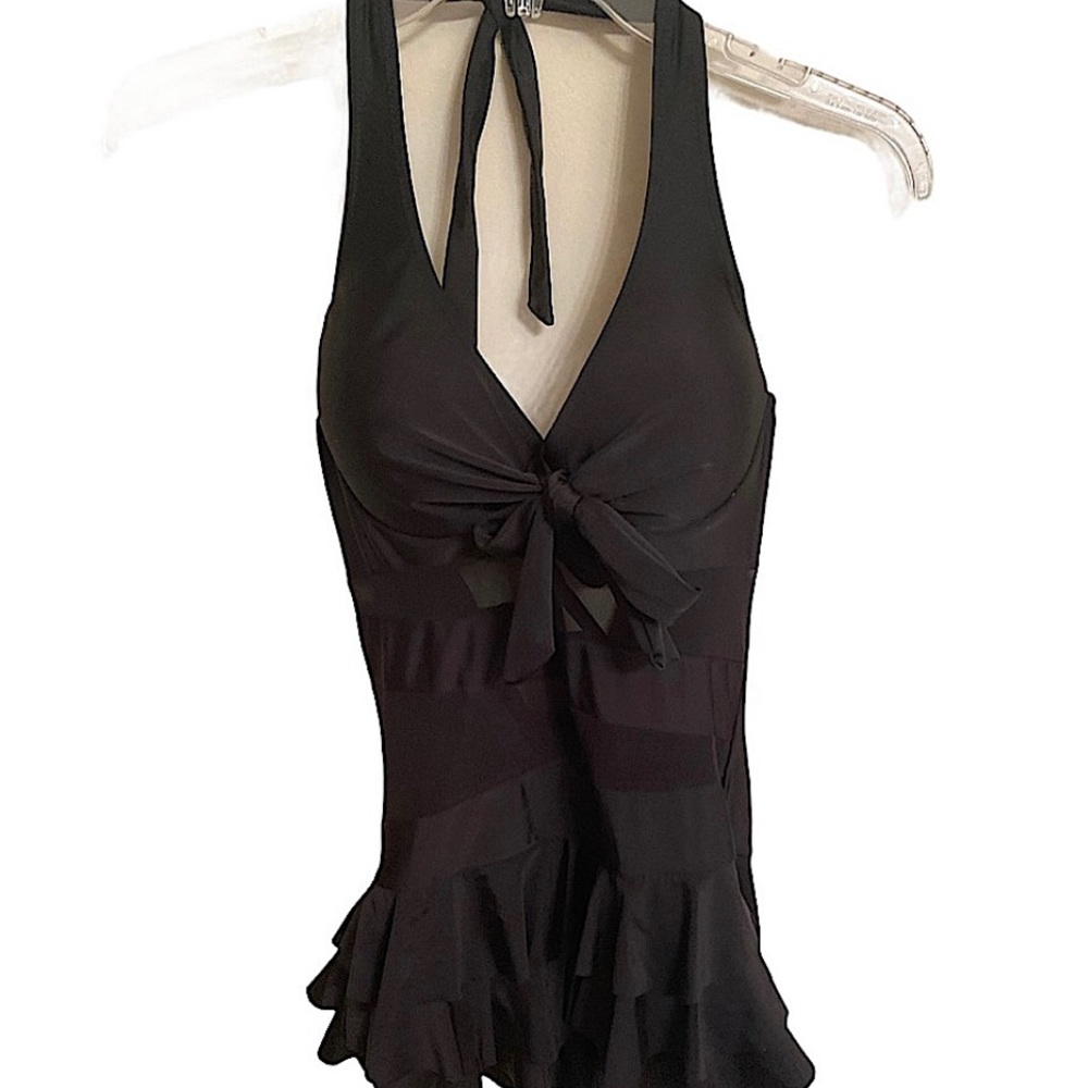 Women’s One Piece Halter Tie Padded Bra Black Ruffled Swimsuit Size Large